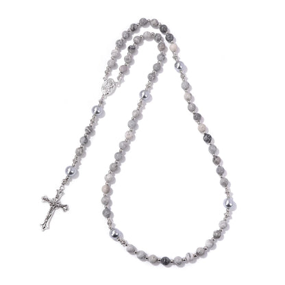 Luckacco Catholic Jesus Cross Bracelet Men Religious Prayer Rosary Bangle 50CM Natural African Turquoises Lava Gem Stone Bead Bracelet
