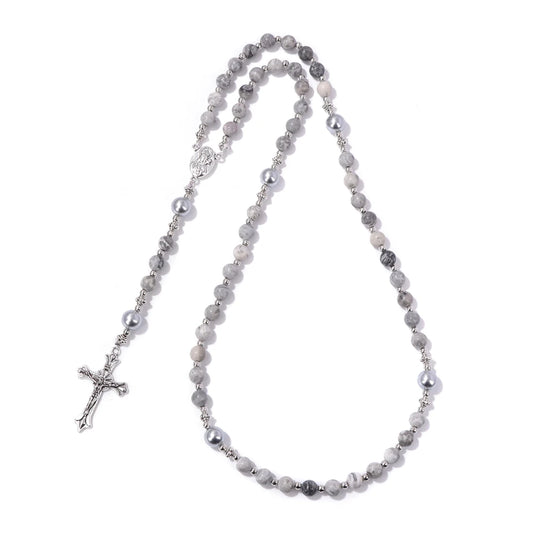 Luckacco Catholic Jesus Cross Bracelet Men Religious Prayer Rosary Bangle 50CM Natural African Turquoises Lava Gem Stone Bead Bracelet