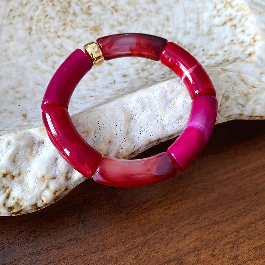 luckacco splicing bamboo tube acrylic smudging bangles for women men fashion geometric elastic bracelets bangles jewelry couple gifts f