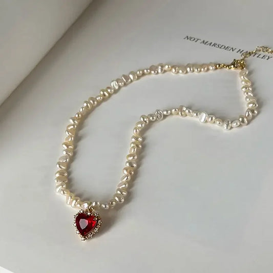 Luckacco Hot Sale Irregular Freshwater Pearl Red CZ Zircon Heart Pendant Necklaces for Women 14K Real Gold Plated Copper Choker