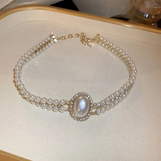 Luckacco Oval Imitation Pearl Rhinestones Double-Layered Ckokers Necklaces for Women Light Luxury Temperament Fashion Jewelry Party Gifts