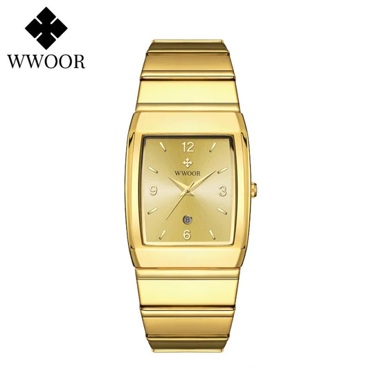 Luckacco Relogio Masculino WWOOR New Man's Square Watch For Men with Automatic Date Luxury Stainless Steel Gold Mens Quartz Wrist Watches