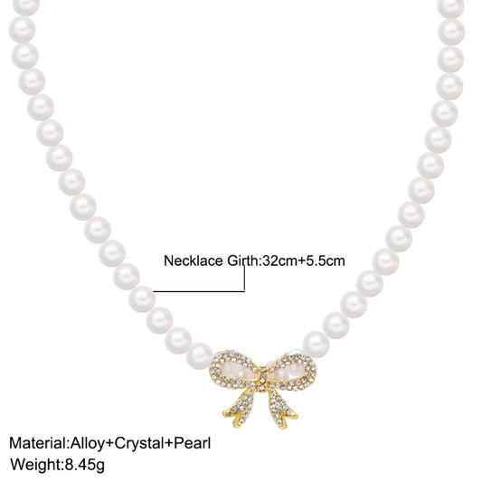 Luckacco Y2k Bowknot Pearl Necklace For Women Elegant Korean Style Rhinestone Heart Pendant Necklace Fashion Wedding Party Jewelry Gift