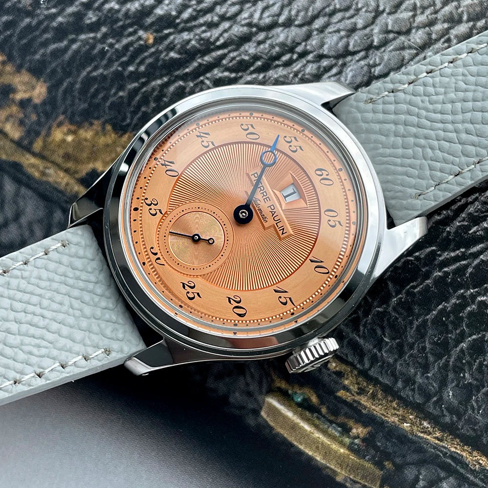 luckacco spot goods new pierre paulin jumping hour men watch salmon dial automatic st17 mechanical watch vintage date window 38mm
