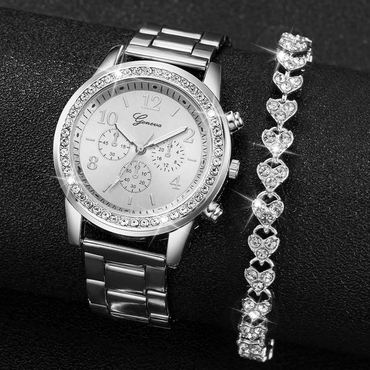 Luckacco Fashion Women Stainless Steel  Silver Color Quartz Watch & Diamond Bracelet
