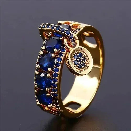 Luckacco Engagement Jewelry Gifts Vintage Royal Blue Stone Ring Yellow Gold Color Luxury Female Wedding Rings for Women Round Dangle Ring