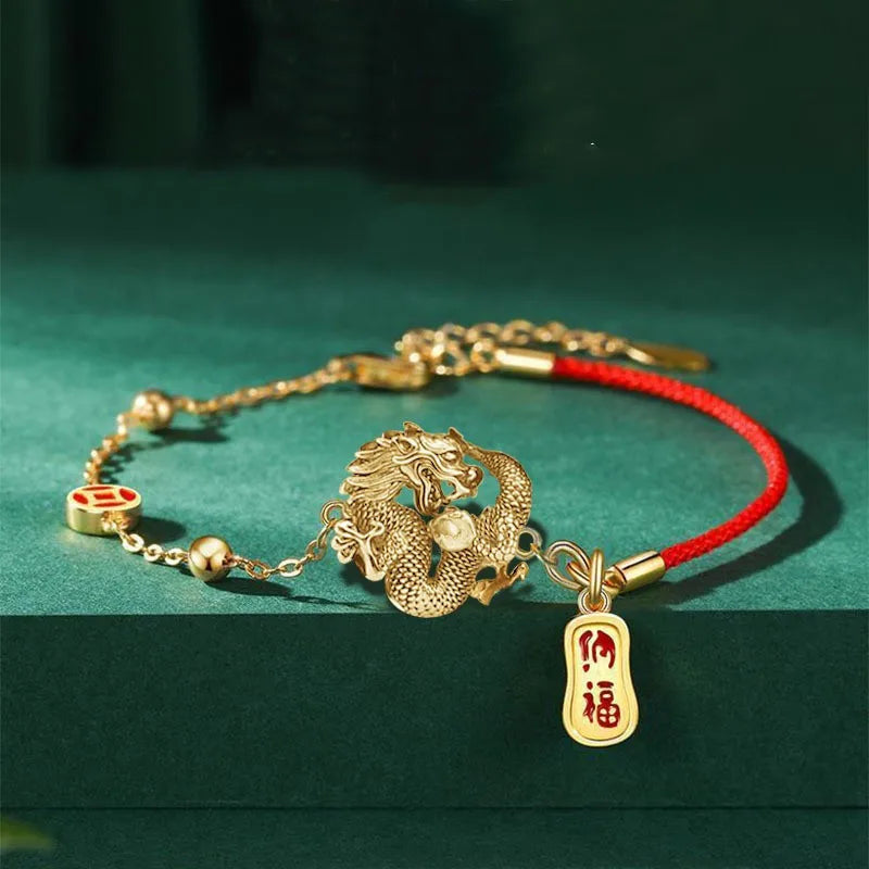 luckacco 2024 chinese style zodiac dragon bracelet for women men brings wealth health and good luck red beaded couple bracelet jewelry gi