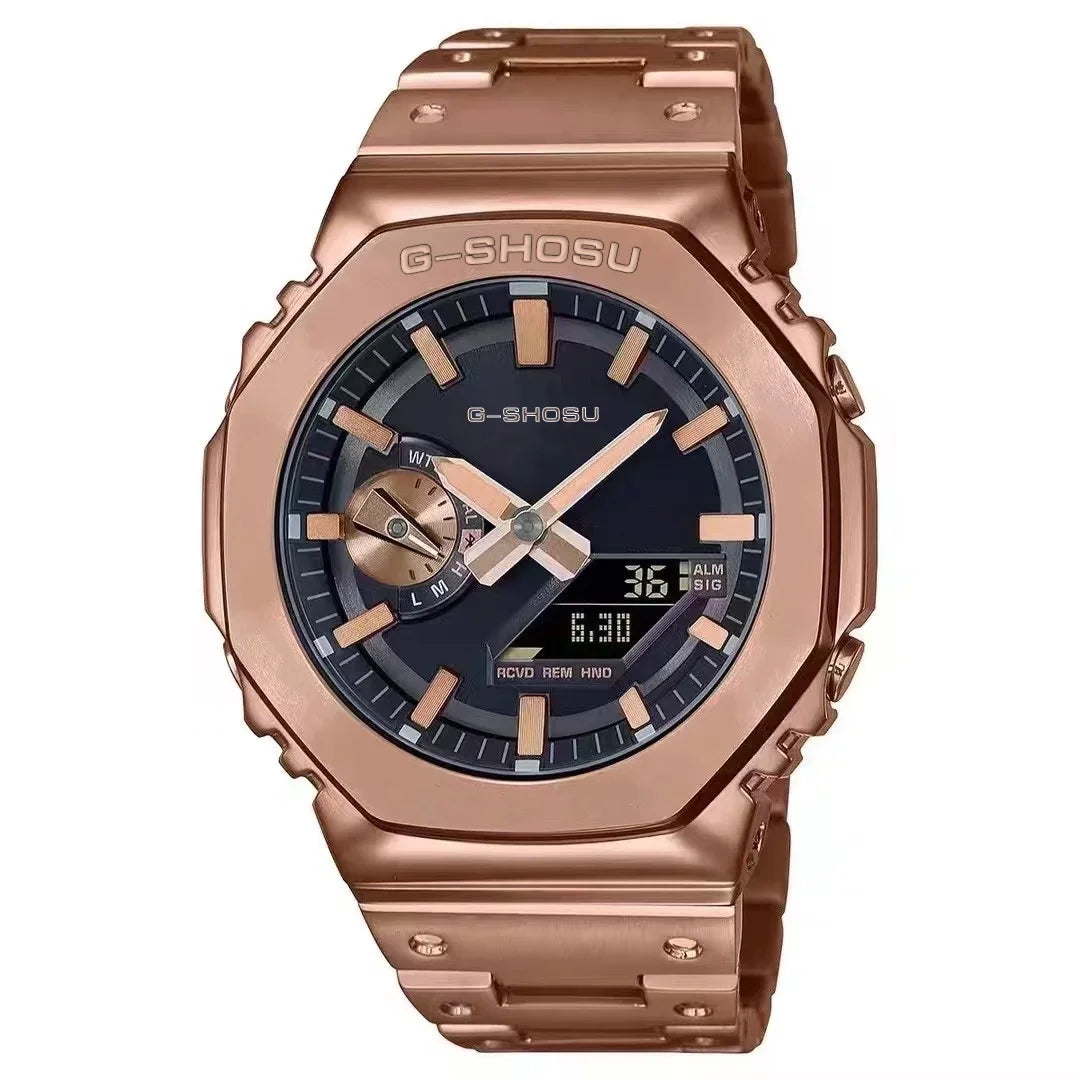 luckacco digital sports electronic unisex watch full function led alloy large dial world time steel strap gmb oak series