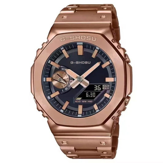 Luckacco Digital Sports Electronic Unisex Watch Full Function LED Alloy Large Dial World Time Steel Strap GMB Oak Series