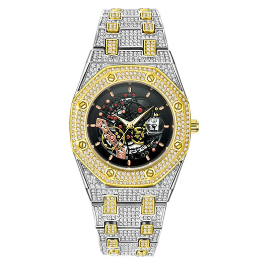 Luckacco Luxury Genuine Brand Watches For Men Hip Hop Diamond Fashion Alloy Band Date Vintage Skeleton Designer Quartz Watch Montre Homme