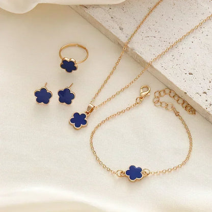 Luckacco Lucky Five-petal Flower Clover Earrings Necklace Ring Bracelet Four-piece Set for Woman Fashionable Accessories Party Jewelry