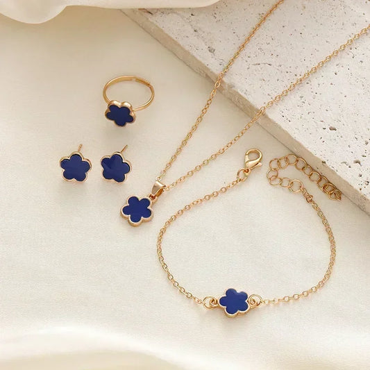 Luckacco Lucky Five-petal Flower Clover Earrings Necklace Ring Bracelet Four-piece Set for Woman Fashionable Accessories Party Jewelry
