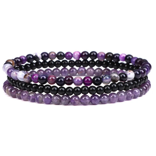 Luckacco 3pcs Amethysts Purple Agates Elastic Bracelets For Women Men Natural Stone Tiger Eye Black Onyx 4mm Beads Bracelet Set Jewelry