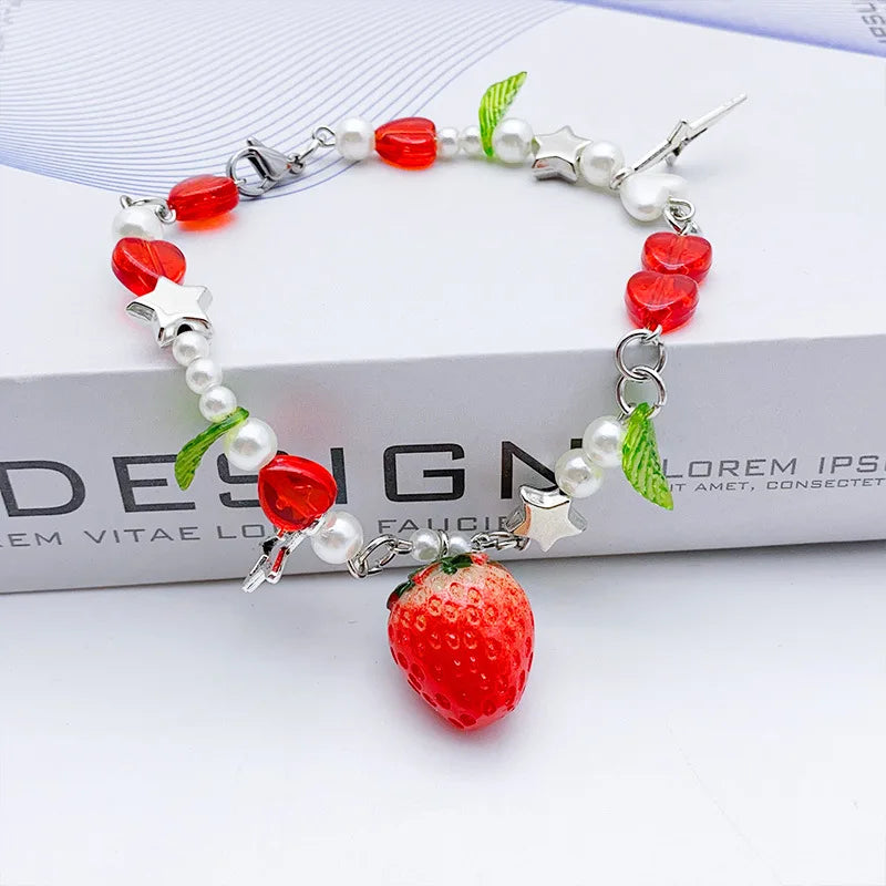 luckacco 1 pc exquisite strawberry cute fashion color alloy beaded bracelet set women party favors