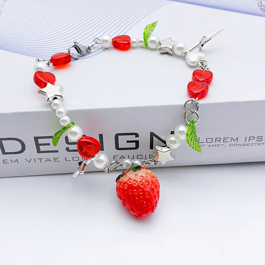 Luckacco 1 Pc Exquisite Strawberry Cute Fashion Color Alloy Beaded Bracelet Set Women Party Favors