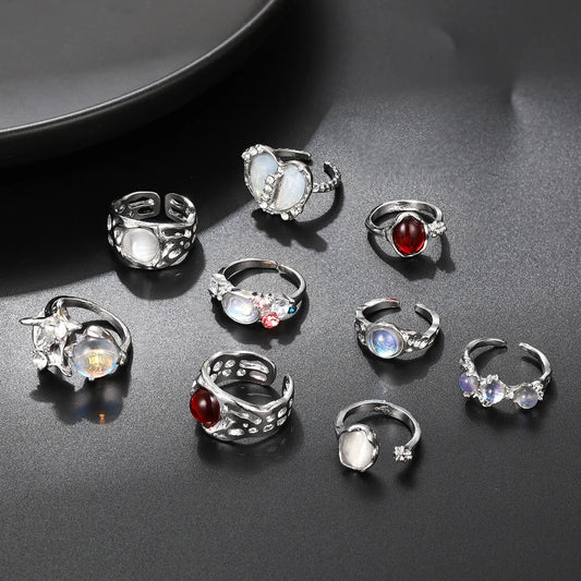 Luckacco Vintage Chic Geometric Stone Inlaid Ring Set for Women Simple Chunky Gold Color Geometric Rings Daily Wear Party Jewelry Gifts