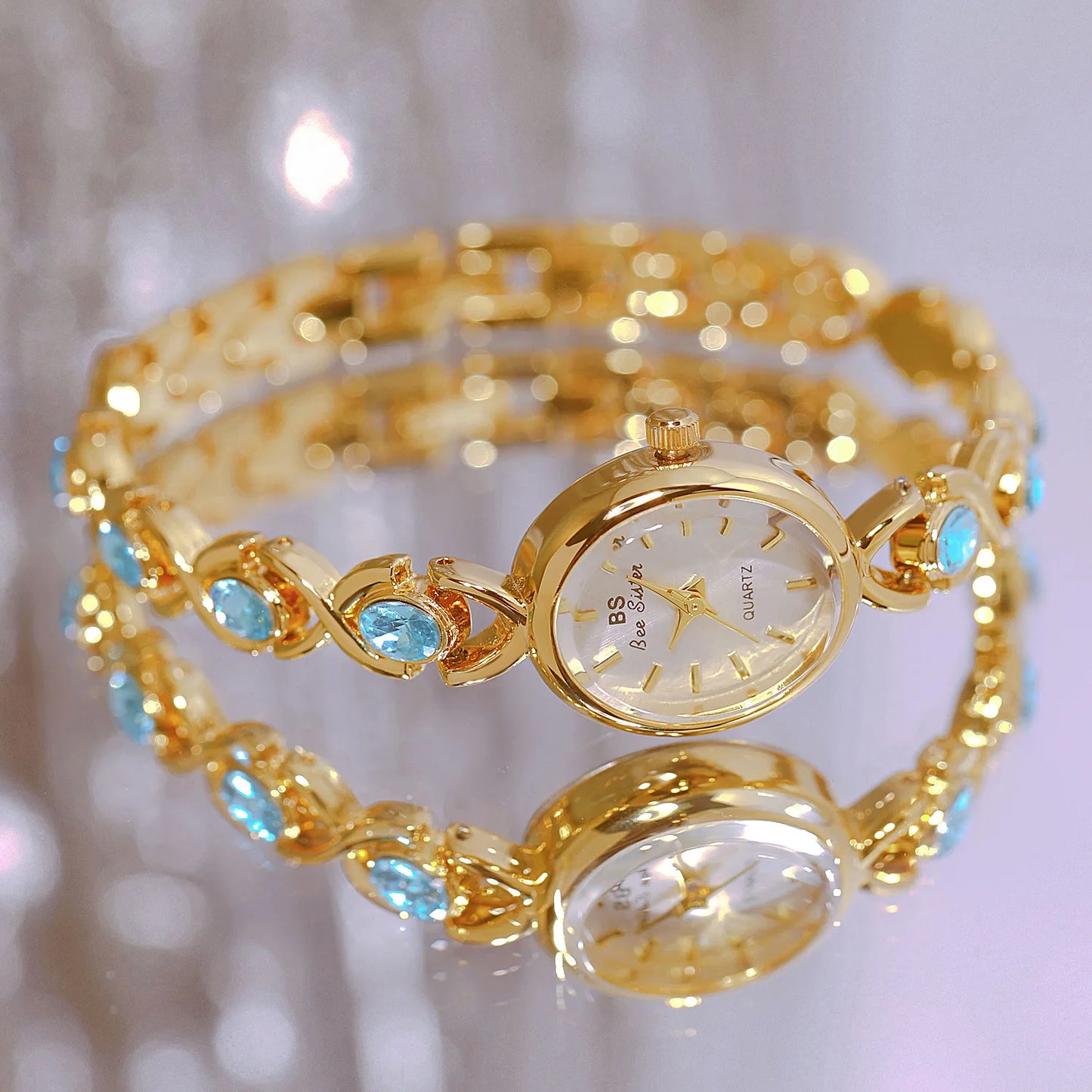 luckacco blue jewel oval bracelet watch luxury crystal quartz watches for woman vintage gold silver jade wristwatch gifts for women