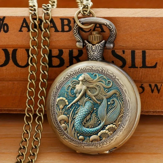 Luckacco Exquisite Vintage Mermaid Pattern Pocket Watch Design with Necklace,Precise Quartz Movement Watch,Great Gift for Women and Girls