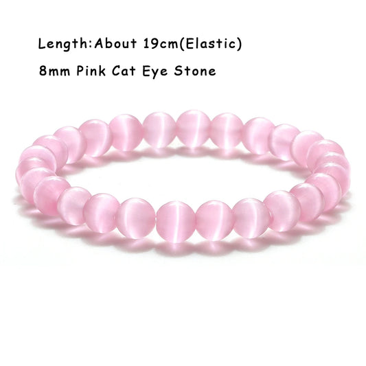 Luckacco Natural Cat Eye Stone Bracelet & Bangle for Women Brief White Pink Opal Beads Yoga Balance Jewelry Lucky Wristband Handmade Gift