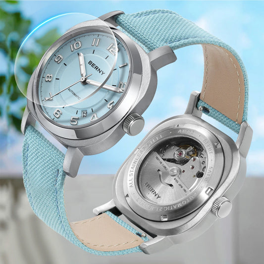 Luckacco BERNY Mechanical Watch for Women Self-wind Pillow Cushion Sapphire Super Luminous Wristwatch Canvas Calendar Watch for Ladies