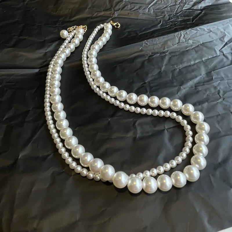 luckacco stacked wearing double-layered pearl necklace women's simple design clavicle chains elegant short choker jewelry for party