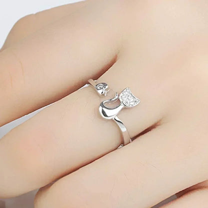 Luckacco Charm Crystal Top Quality Cubic Zirconia Crystal Inlaid Cute Animal Cat Ring for Women Girls Fashion Animal Anillo De Mujer Open