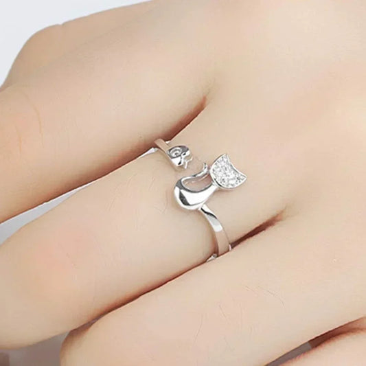 Luckacco Charm Crystal Top Quality Cubic Zirconia Crystal Inlaid Cute Animal Cat Ring for Women Girls Fashion Animal Anillo De Mujer Open
