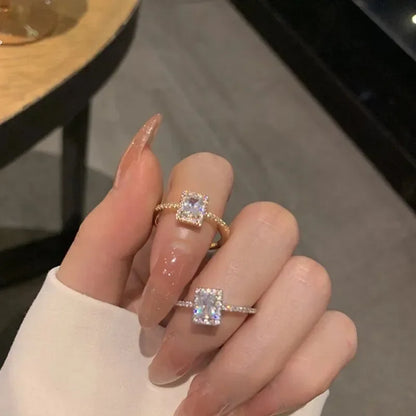 Luckacco Luxury Classic Moissanite Wedding Engagement Rings for Women Square Lucky Ring Adjustable Gold Color Rings Charm Jewelry