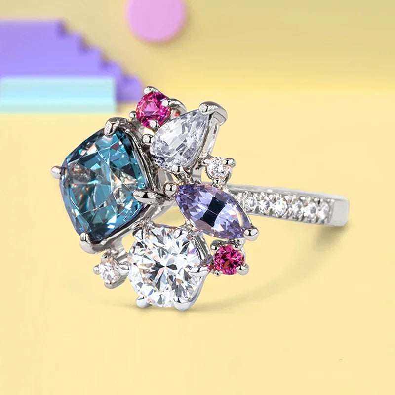 luckacco geometric colored cubic zirconia rings for women luxury bridal wedding band accessories fashion design statement jewelry