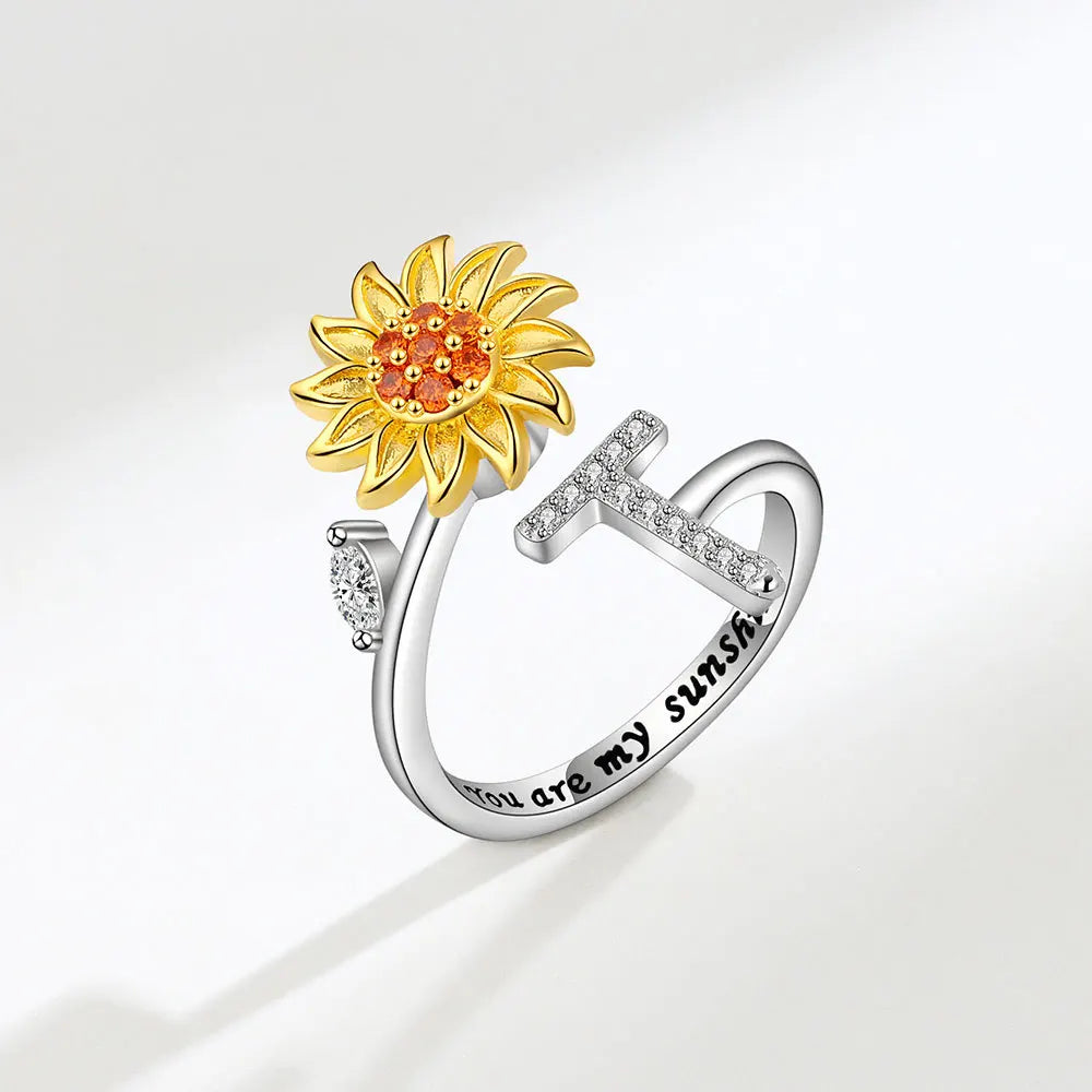 luckacco rotating sunflower initial letter rings for women anti anxiety spinner you are my sunshine stainless steel ring birthday jewelry
