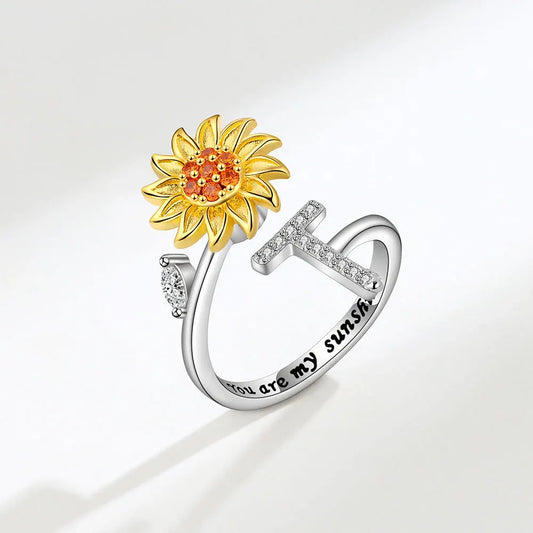 Luckacco Rotating Sunflower Initial Letter Rings For Women Anti Anxiety Spinner You Are My Sunshine Stainless Steel Ring Birthday Jewelry