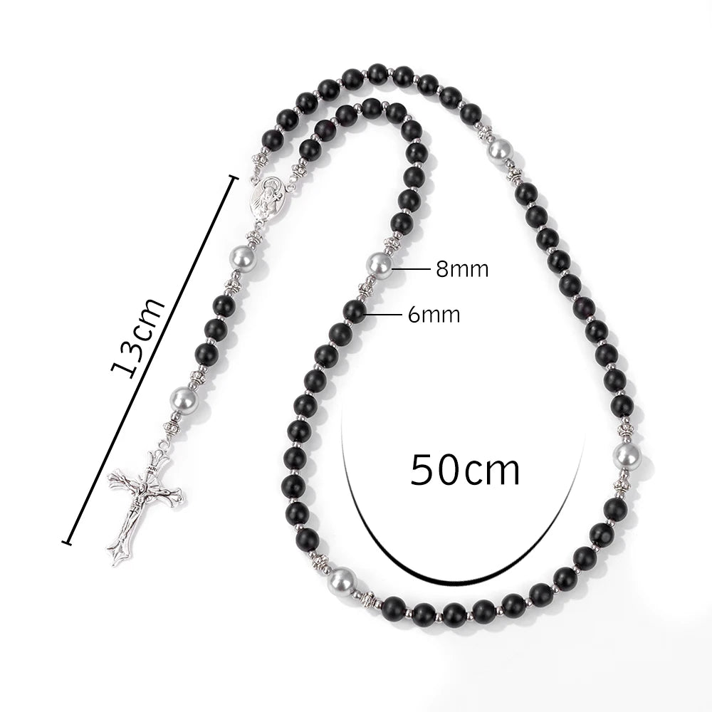 luckacco catholic jesus cross bracelet men religious prayer rosary bangle 50cm natural african turquoises lava gem stone bead bracelet