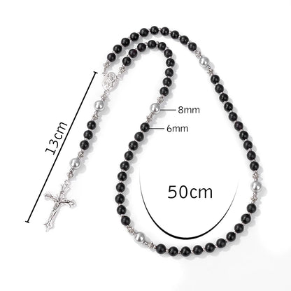 Luckacco Catholic Jesus Cross Bracelet Men Religious Prayer Rosary Bangle 50CM Natural African Turquoises Lava Gem Stone Bead Bracelet