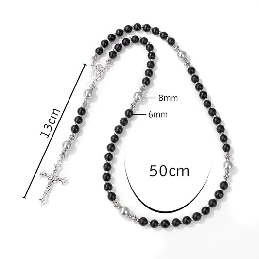 Luckacco Catholic Jesus Cross Bracelet Men Religious Prayer Rosary Bangle 50CM Natural African Turquoises Lava Gem Stone Bead Bracelet