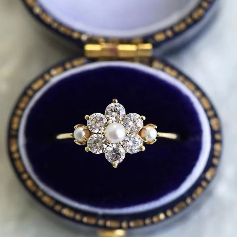 luckacco exquisite gold color round flower imitation pearl white stone rings wedding party jewelry rings for women