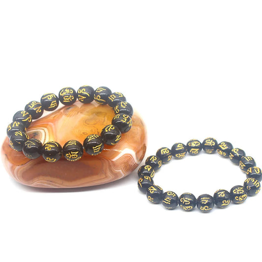 Luckacco Natural Obsidian Beads Six Character Mantra Bracelet Lucky Wealth Bangle Buddhist Accessories Meditation Blessing Amulet Jewelry
