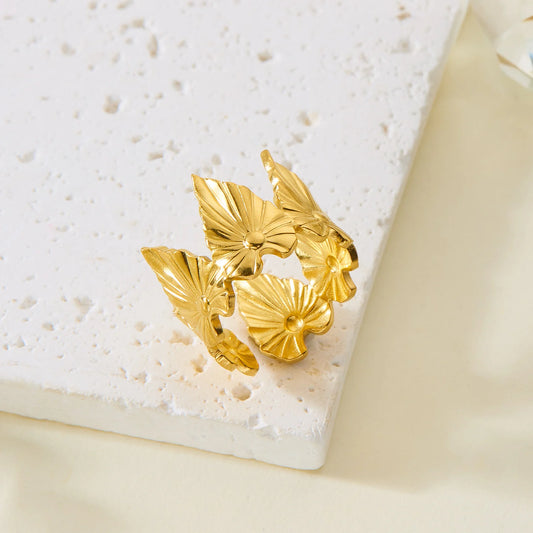 Luckacco Trendy Gold Color Stainless Steel Ring for Women Bohemian Shell Starfish Conch Flower Butterfly Heart Ring Party Jewelry Gift