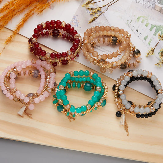 Luckacco Bohemian 4pcs Crystal Multi-layer Beaded Bracelet for Women Sweet Girls Colorful Round Shape Jewelry Friendship  Gifts