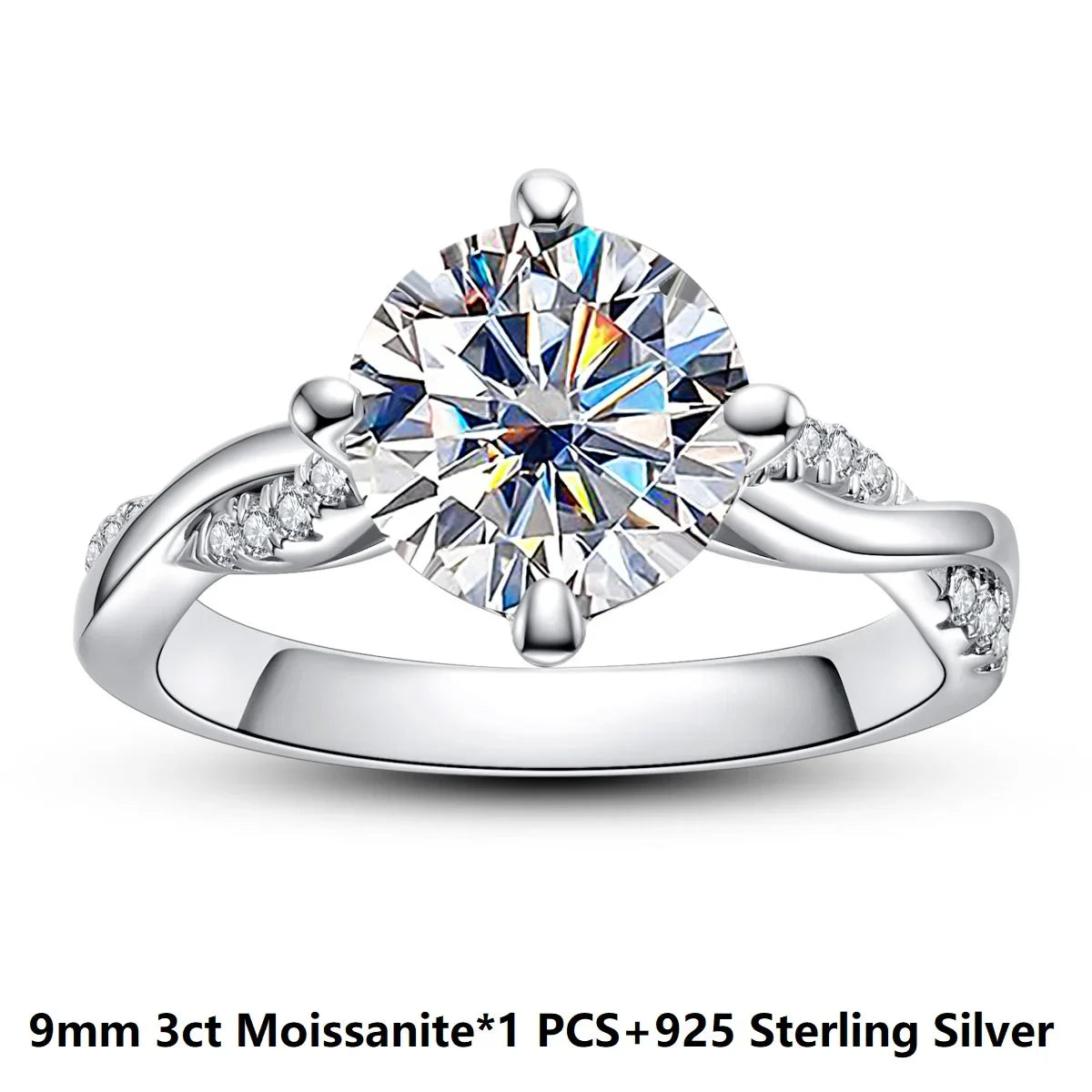 luckacco 3 carat d color moissanite engagement ring, 9mm round cut, 925 sterling silver wedding band, gra certified, bridal jewelry gift