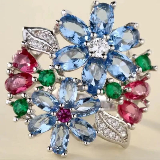 Luckacco Flower Collection ! Exquisite Colorful Cubic Zircon Flower Engagement Ring For Women Party Jewelry Hand Accessories Size 6-10