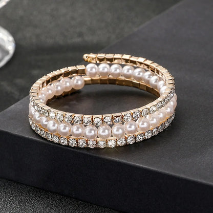 Luckacco Fahsion Crystal Imitation Pearl Bracelets For Women Multi Layer Wide Bracelets Crystal Rhinestones Bracelet Wedding Jewelry Gift