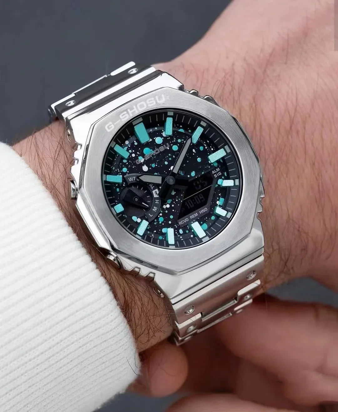 luckacco digital sports electronic unisex watch full function led alloy large dial world time steel strap gmb oak series