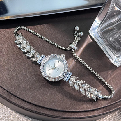 Luckacco 2025 New fashion diamond-encrusted leaf round women's watch simple dial freely adjust cross-border gift watches