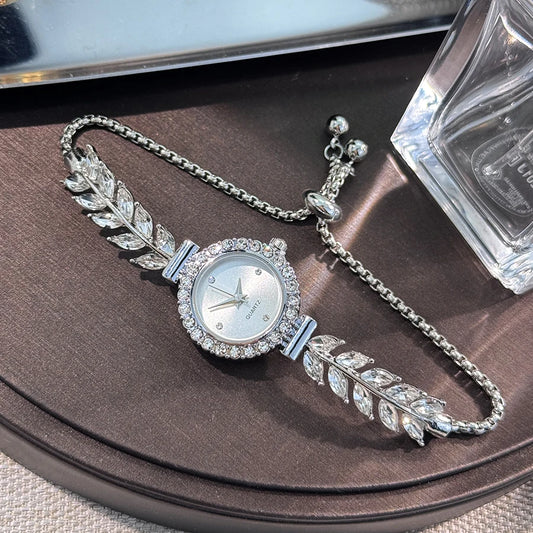 Luckacco 2025 New fashion diamond-encrusted leaf round women's watch simple dial freely adjust cross-border gift watches