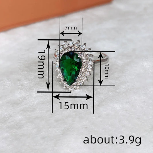 Luckacco Luxury Women's Finger Rings for Party Bright Green Water-drop Crystal Noble Lady Vintage Style Accessories Gorgeous Gift