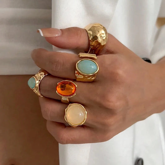 Luckacco Vintage Chic Geometric Stone Inlaid Ring Set for Women Simple Chunky Gold Color Geometric Rings Daily Wear Party Jewelry Gifts
