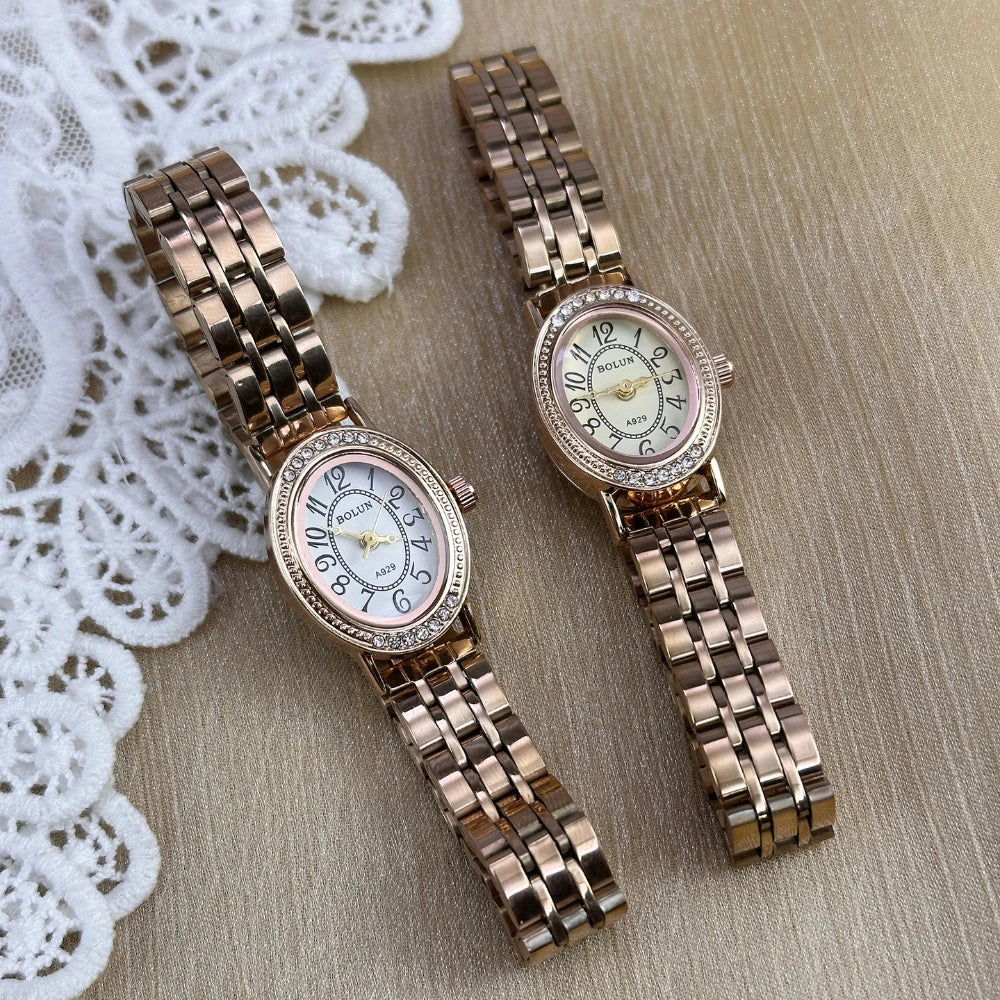 luckacco elegant women diamond oval watch female hand watch steel small original luxury ladies wristwatch golden relógio