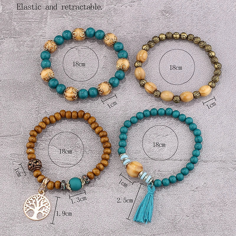luckacco boho tree of life bracelet set for women fashion tassels charm wooden beads elastic chain bangle girl trendy party jewelry