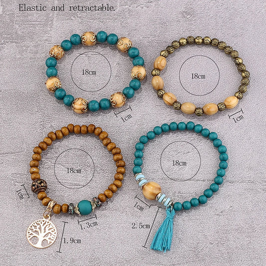 Luckacco Boho Tree Of Life Bracelet Set For Women Fashion Tassels Charm Wooden Beads Elastic Chain Bangle Girl Trendy Party Jewelry
