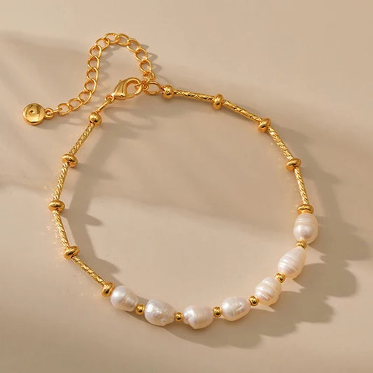 Luckacco Fashion Freshwater Pearl Gold Plated Beaded Bracelet for Women Natural Pearls with Link Chain Bracelet Bangles Charm Jewelry